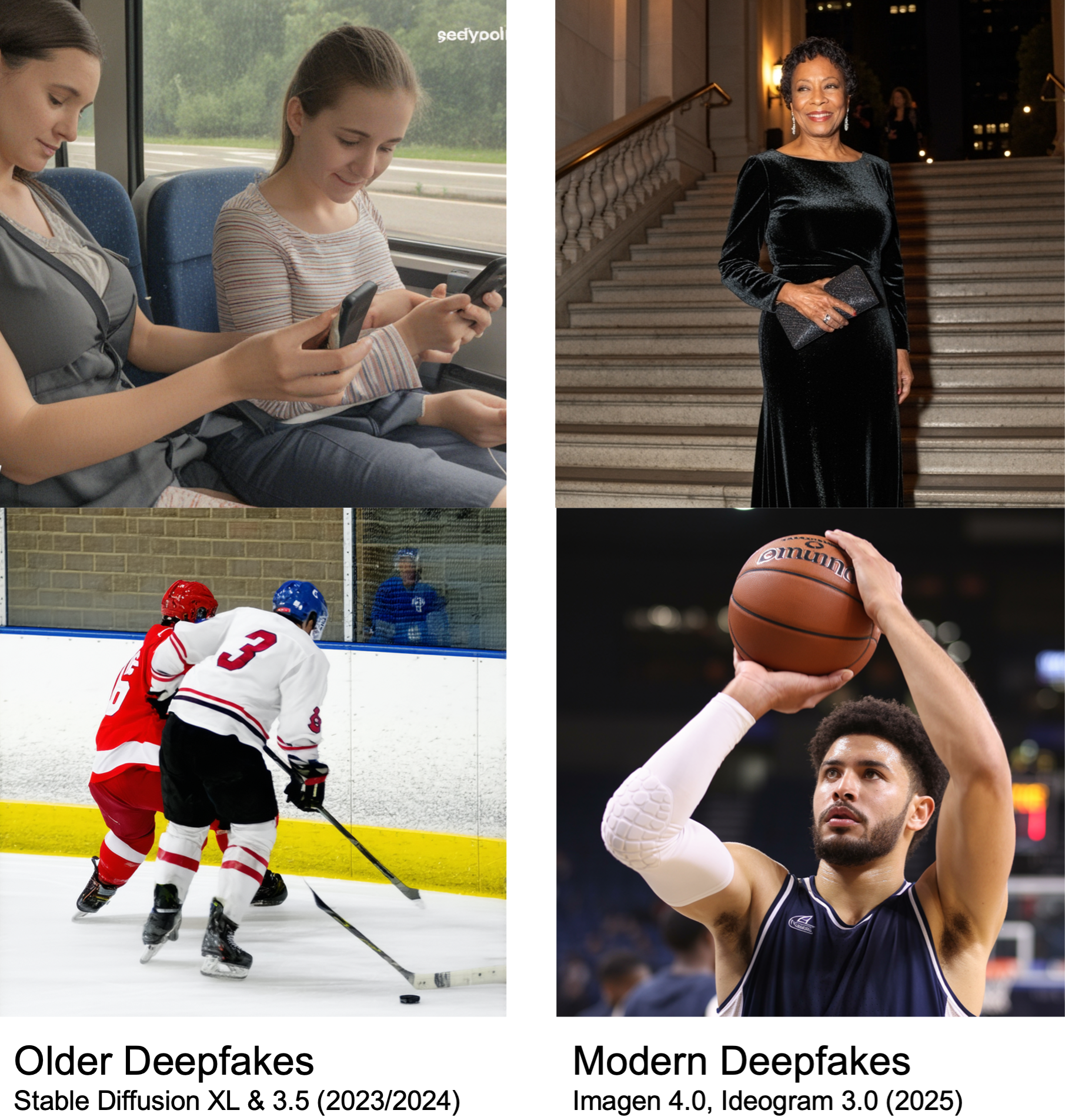 4 examples of deekfake pictures. Older deepfakes and Modern Deepfakes