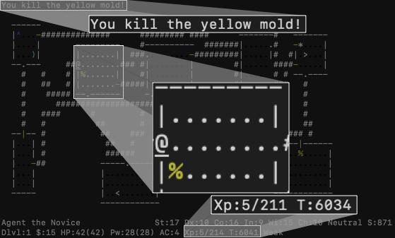 A game screen from NetHack, with highlighted messages and agent
