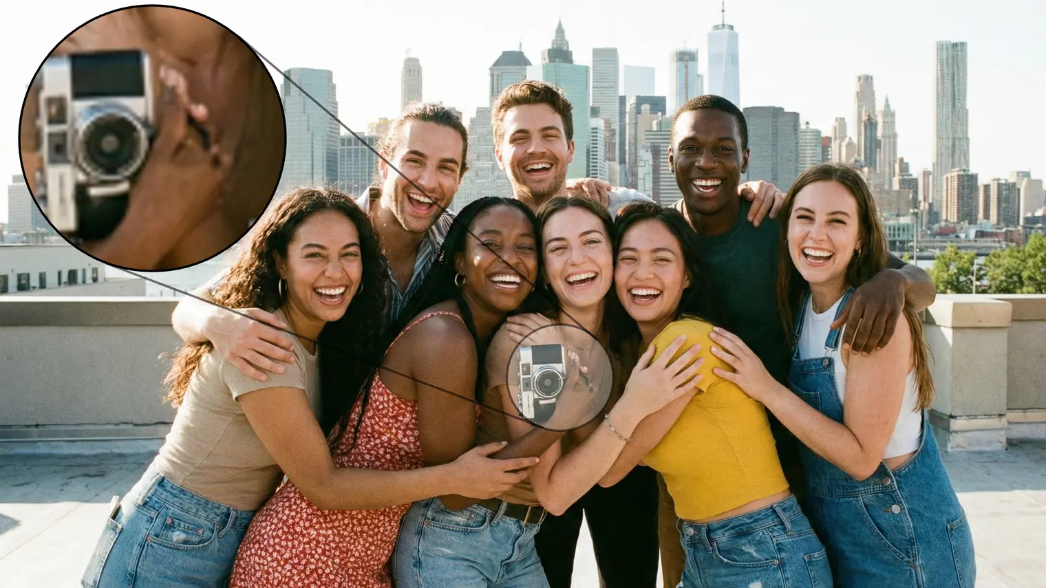 Un groupe hétéroclite de huit jeunes adultes se tient serré sur un toit, souriant et riant avec la silhouette de la ville en arrière-plan. Deux encarts circulaires mettent en évidence une caméra vintage tenue par l'un des membres du groupe, soulignant l'élément deepfake.