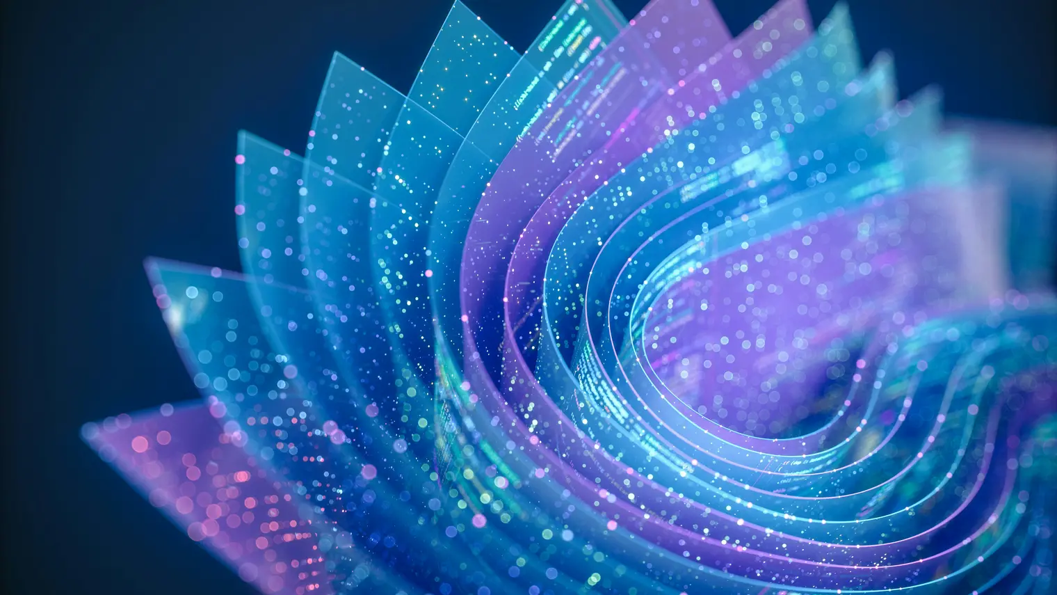 Abstract digital visualization of layered, semi-transparent curved blue and purple panels featuring glowing lines of code, sparkling data points, and bokeh lights against a dark background.