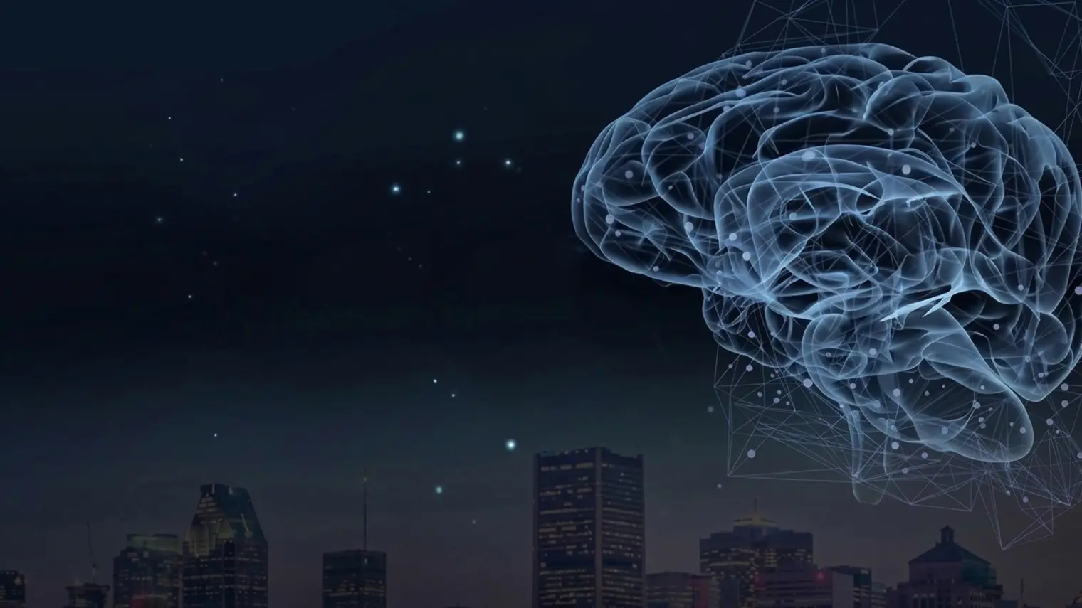 Image d'un cerveau dessiné sur une photo d centreville de montreal en arriere plan