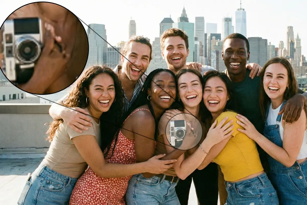A diverse group of eight young adults stand closely together on a rooftop, smiling and laughing with a city skyline in the background. Two circular insets highlight a vintage film camera being held among the group, emphasizing the deepfake element.