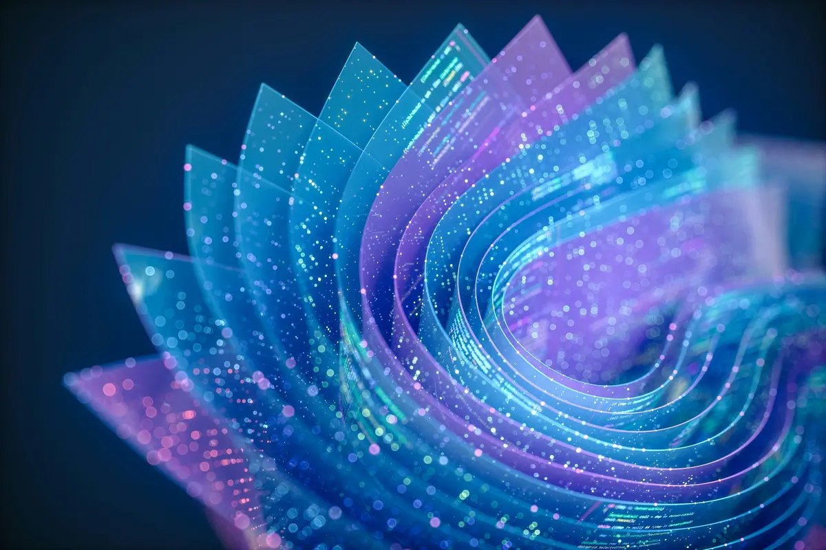 Abstract digital visualization of layered, semi-transparent curved blue and purple panels featuring glowing lines of code, sparkling data points, and bokeh lights against a dark background.