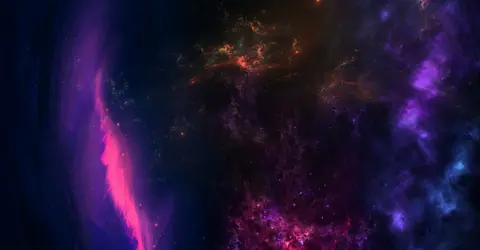 Illustration of a galaxy with bright stars and clouds.