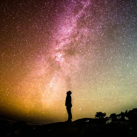 A person looks up at a starry sky. 