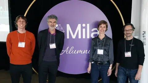 Yoshua Bengio, Nicolas Leroux, Joelle Pineau et Hugo Larochelle lors de la célébration des anciens de Mila.