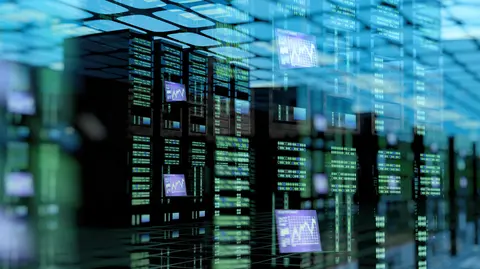 Digital representation of a large server room or data center.