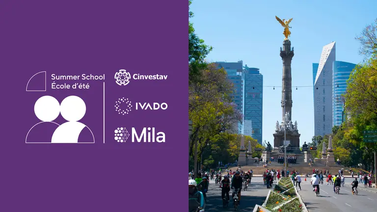 Une photo du monument emblématique de l'angle de l'indépendance dans la ville de Mexico City avec, à gauche, les logos de l'école d'été, de Mila, Ivado et Cinvestav
