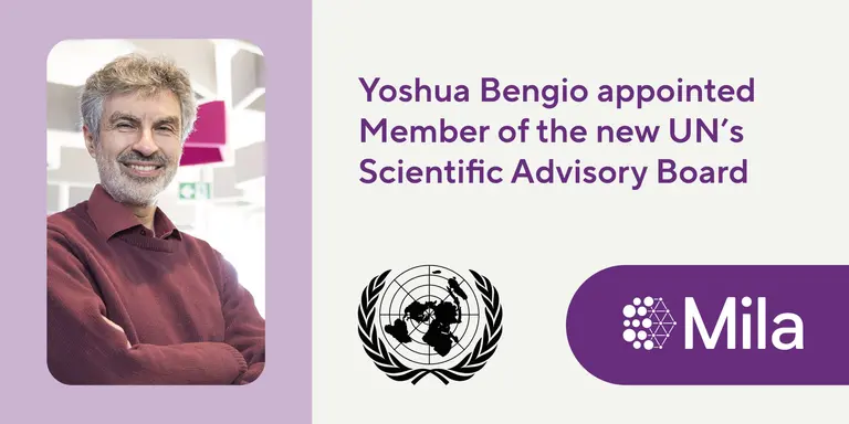 Picture of Yoshua Bengio along with the Mila and United Nations logos