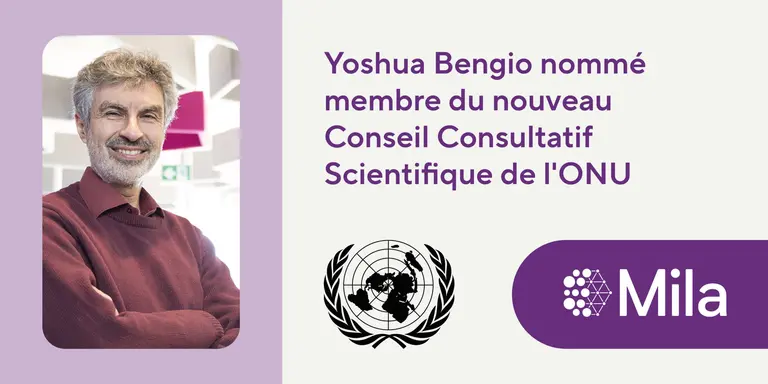 Photo de Yoshua Bengio avec les logos de Mila et de l'ONU