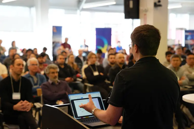 Ian Goodfellow giving his speech during Techaide. 