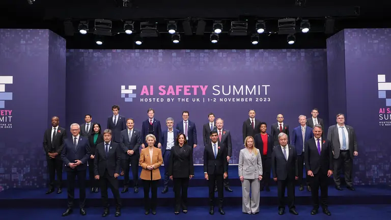 Group photo of dignitaries at the UK AI Safety Summit in November 2023.