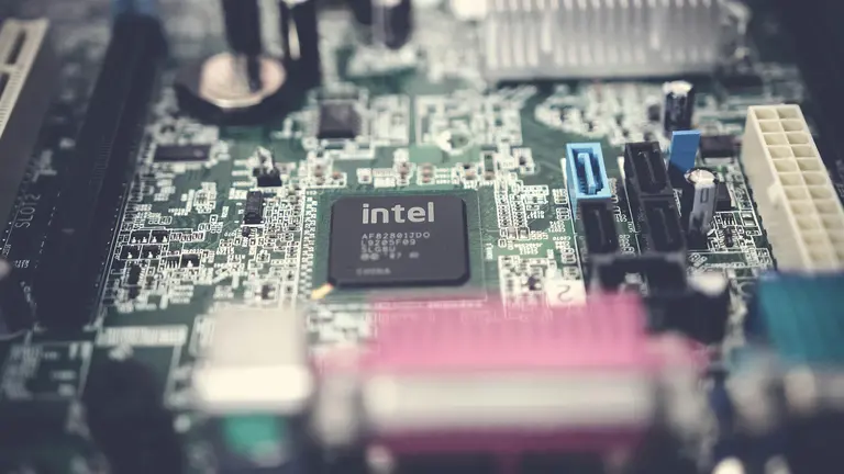 Detailed photo of an Intel motherboard. 