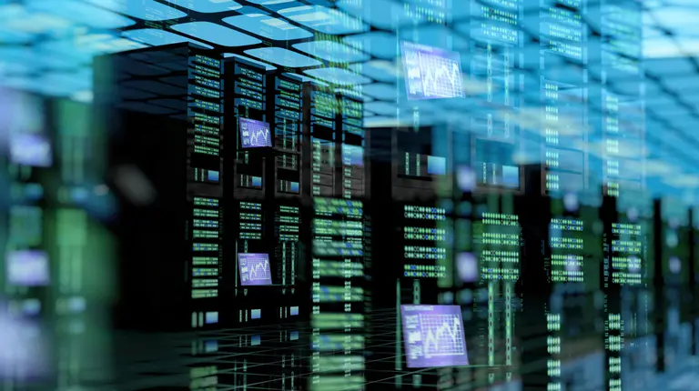 Représentation numérique d'une grande salle de serveurs ou d'un centre de données.