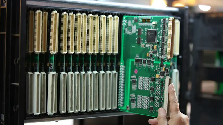 Insertion manuelle d'une carte de circuit imprimé verte dans un emplacement de rack de serveur.