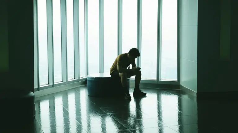 Une silhouette assise seule près d'une grande fenêtre lumineuse. 