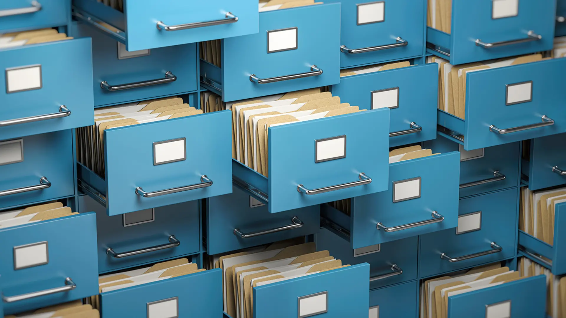 Blue filing cabinets with lots of folders.