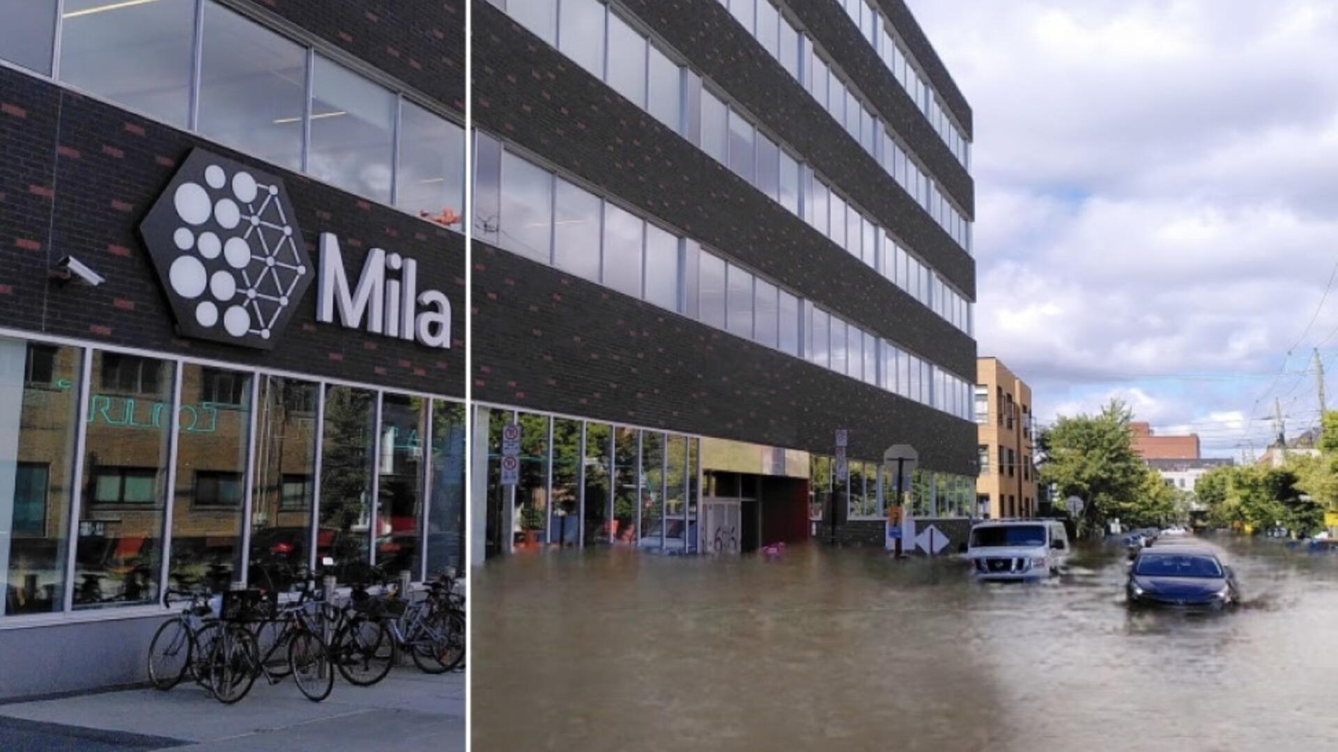 AI-generated image of a flood in front of Mila's office.