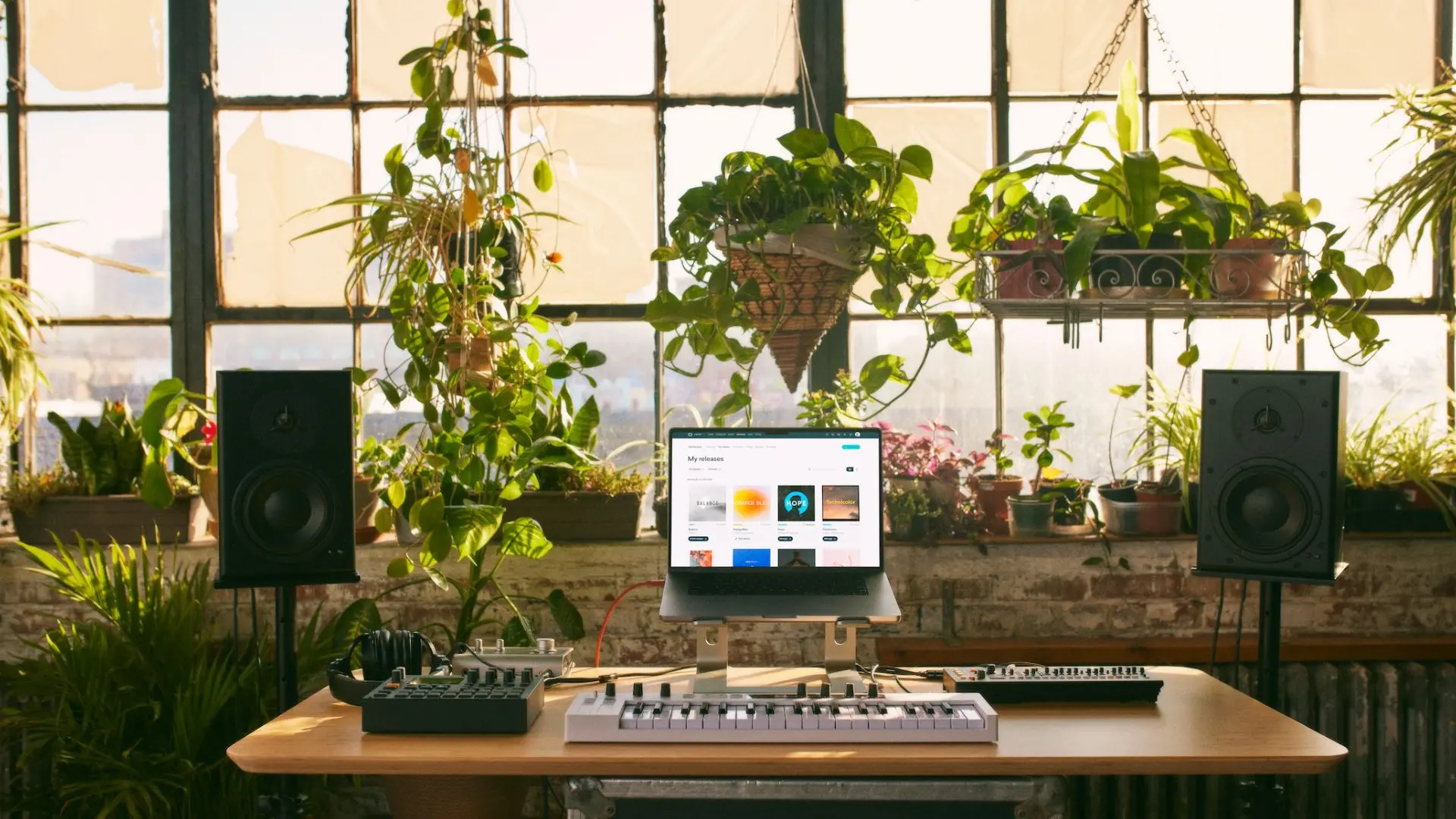 A music production setup on a wooden desk featuring a laptop, MIDI keyboard, and studio monitors, positioned in front of a large window filled with lush green houseplants.