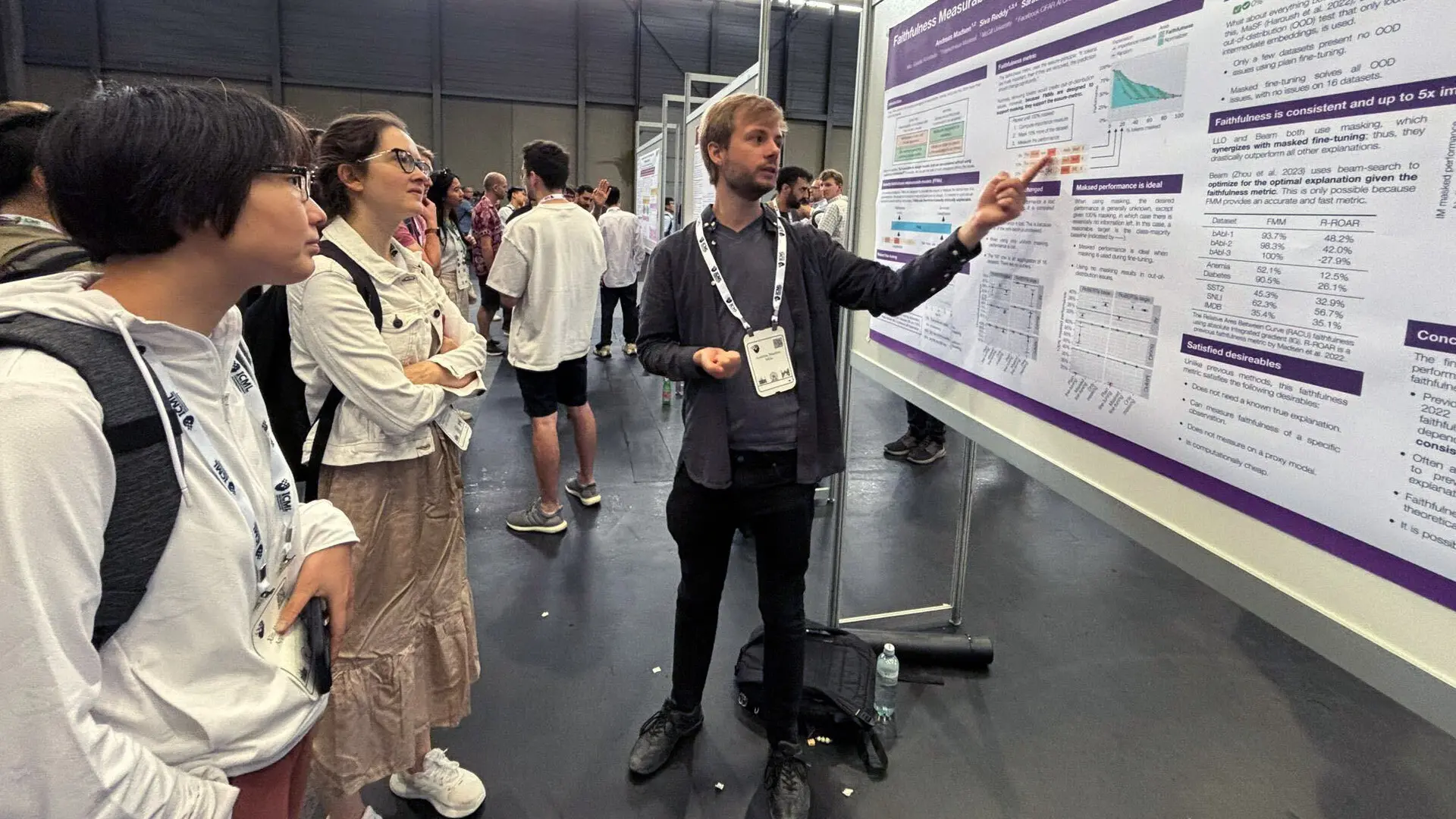 A researcher presenting its work at a conference's poster session. 