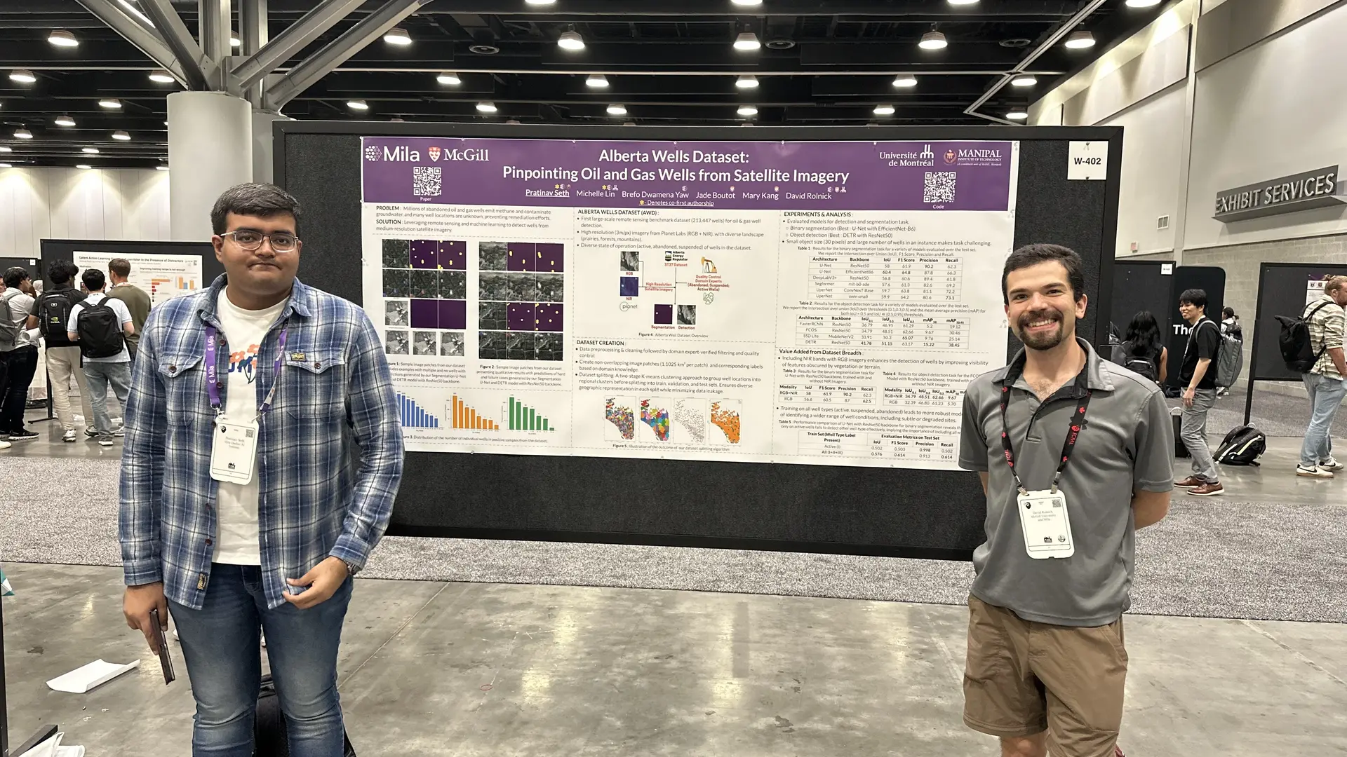 Pratinav Seth and Prof. David Rolnick at ICML workshops presenting their research paper "Alberta Wells Dataset: Pinpointing Oil and Gas Wells from Satellite Imagery".