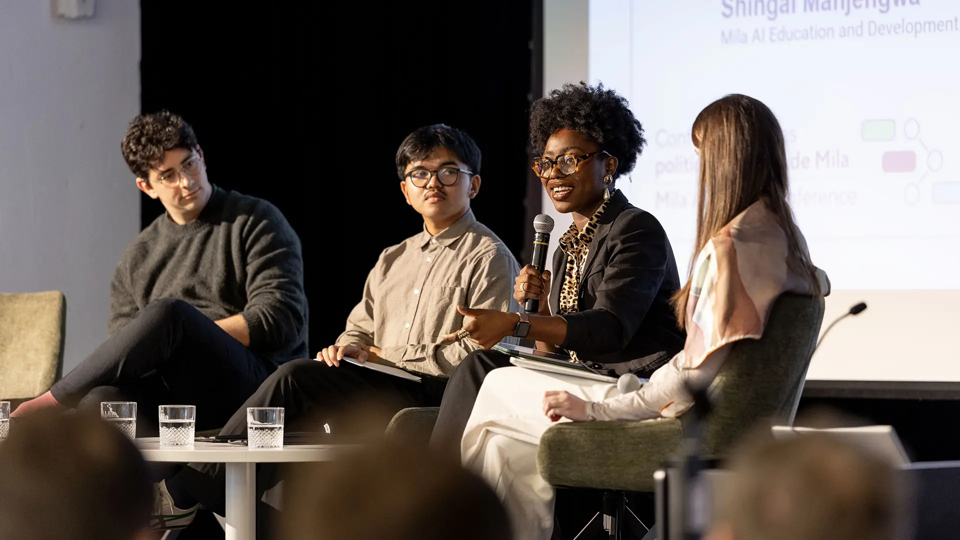 Picture of Fergus Linley-Mota, Keith Baybayon, Nonso Mora, and Helen Hayes on stage during a panel