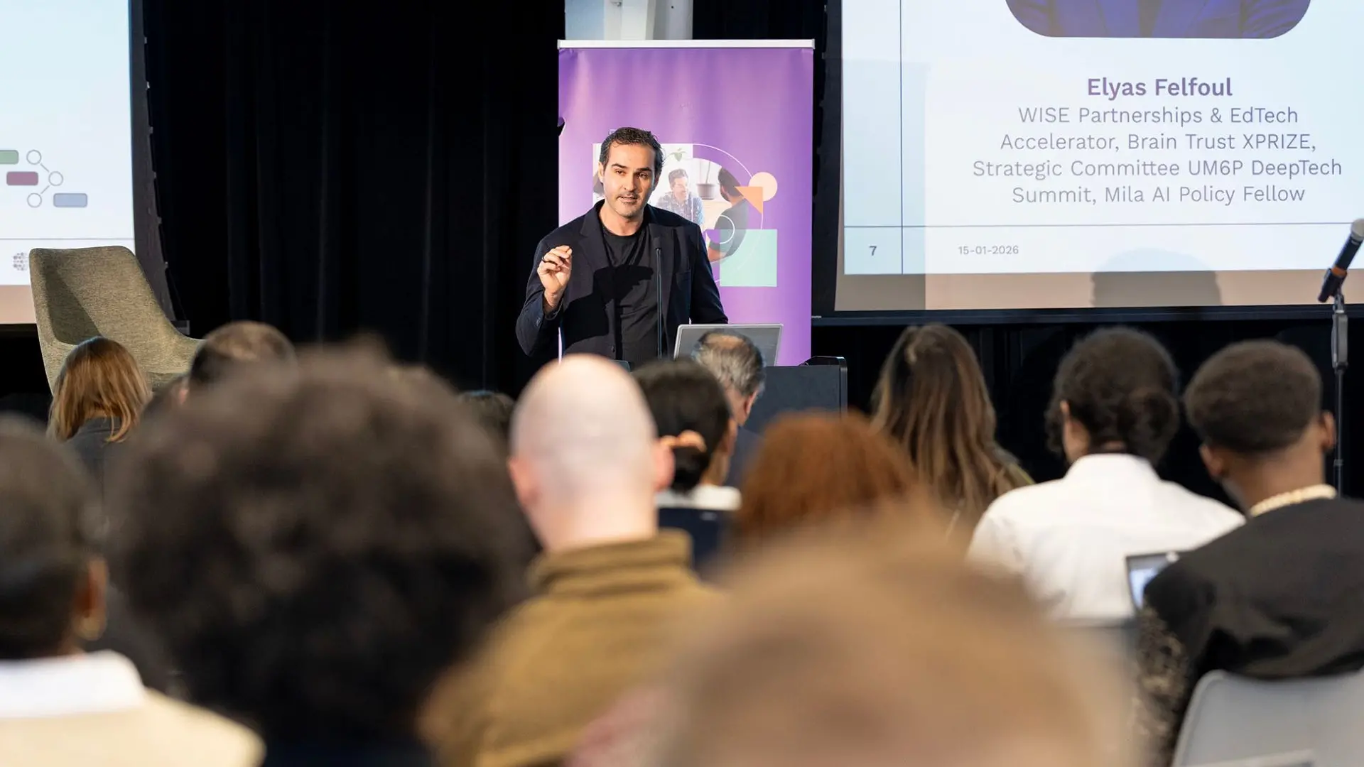 Elyas Felfoul, Fellow of the 2025 cohort presenting his work during the Mila AI Policy Conference.