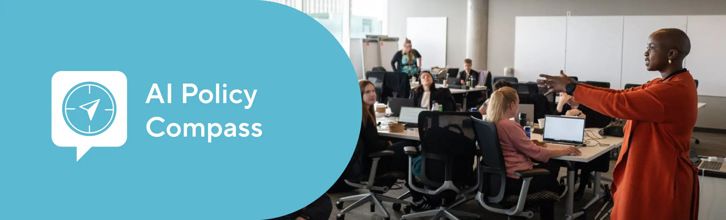 Logo of the program and photo of a woman giving a presentation to a group.