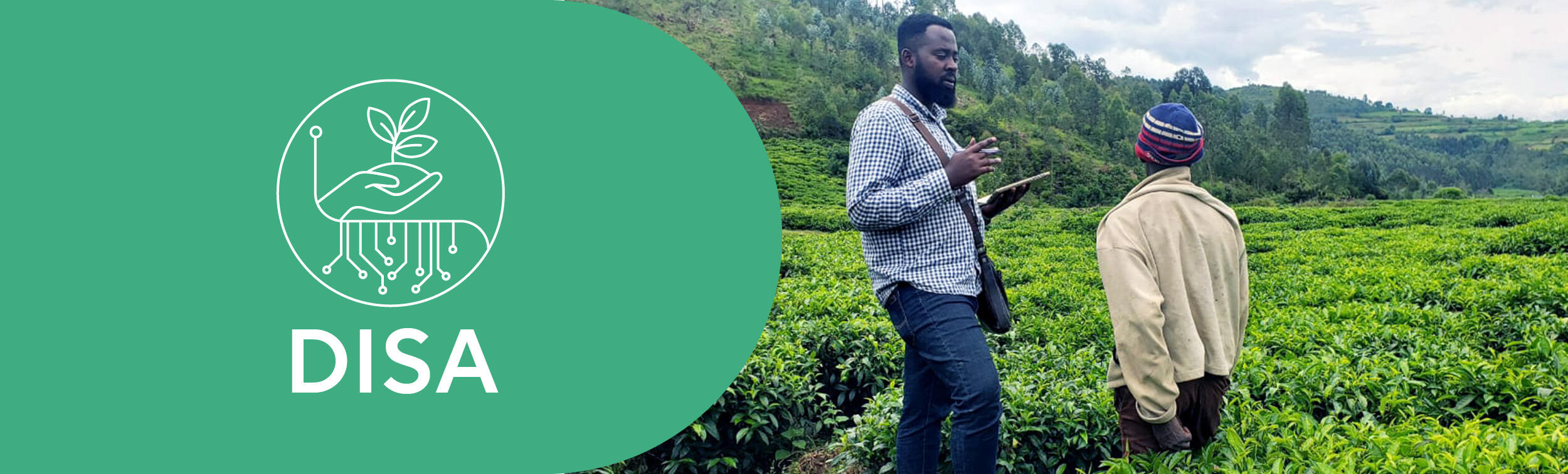 Logo of the project and photo of a DISA collaborator speaking with Rwandan farmers about their farming practices.