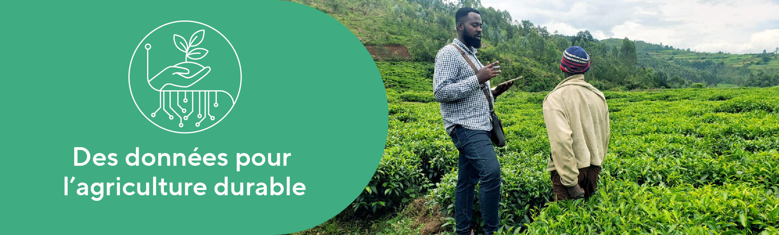 Logo du projet et photo d'un collaborateur de DISA qui s'entretient avec des agriculteurs rwandais sur leurs pratiques agricoles.