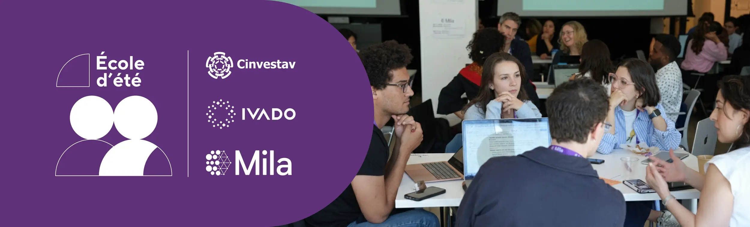 Bannière avec le nom du programme et une photo de participants à l'université école d’été prenant des notes. 