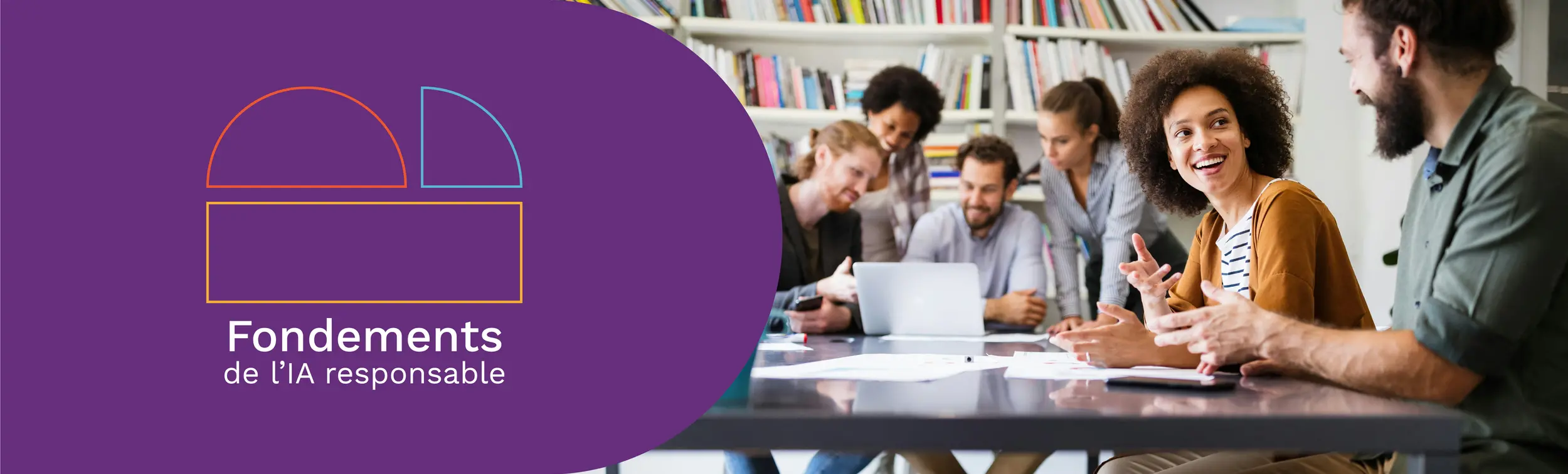 Logo of the program and a picture of 6 people sitting at a table on a library and discussing over a computer