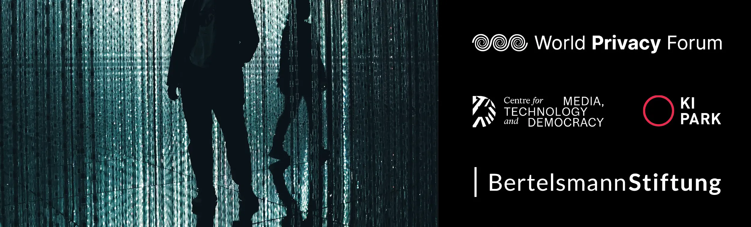 two silhouette in black in front of a background of codes in black and blue