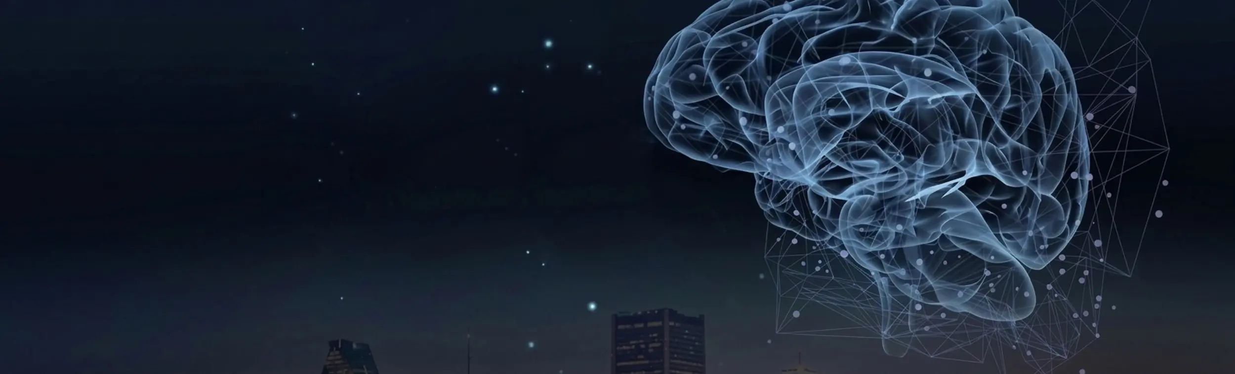 Image d'un cerveau dessiné sur une photo d centreville de montreal en arriere plan