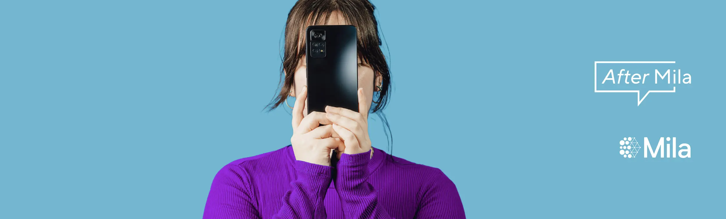 Logo of After Mila and a picture of a women holding her cellphone in front of her face