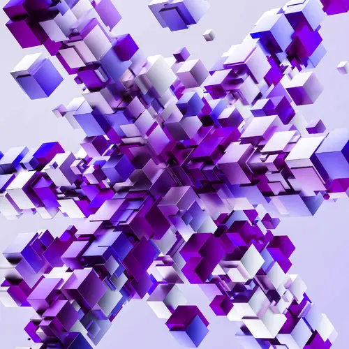 plusieurs blocs mauve 3D qui s'unissent pour former un forme géométrique sur un fond mauve pâle