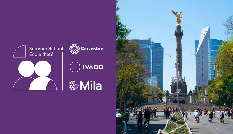 Une photo du monument emblématique de l'angle de l'indépendance dans la ville de Mexico City avec, à gauche, les logos de l'école d'été, de Mila, Ivado et Cinvestav