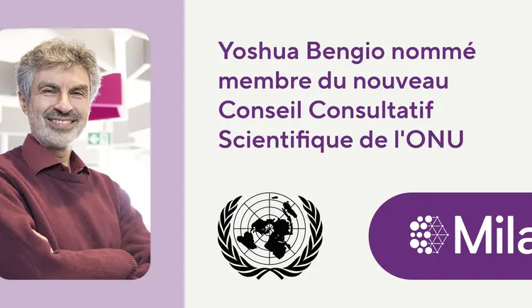 Photo de Yoshua Bengio avec les logos de Mila et de l'ONU